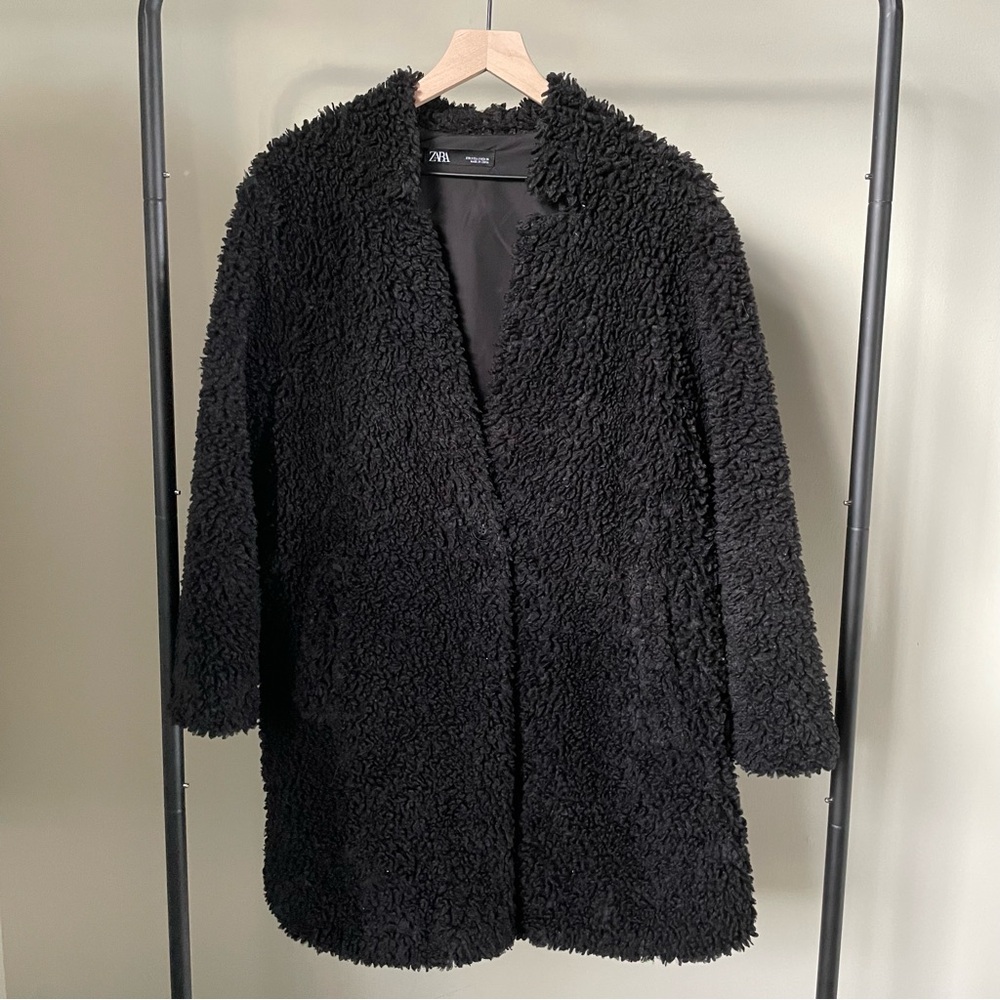 Zara Fuzzy Teddy Coat in Black